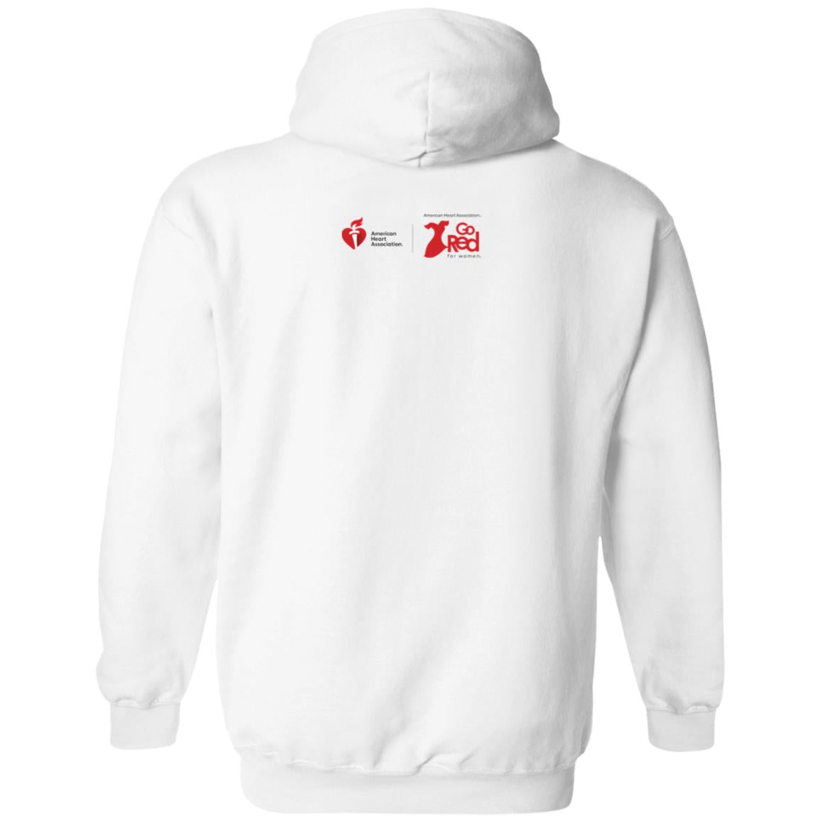 Back of hoodie includes AHA and Go Red brand symbols placed on the top of back.