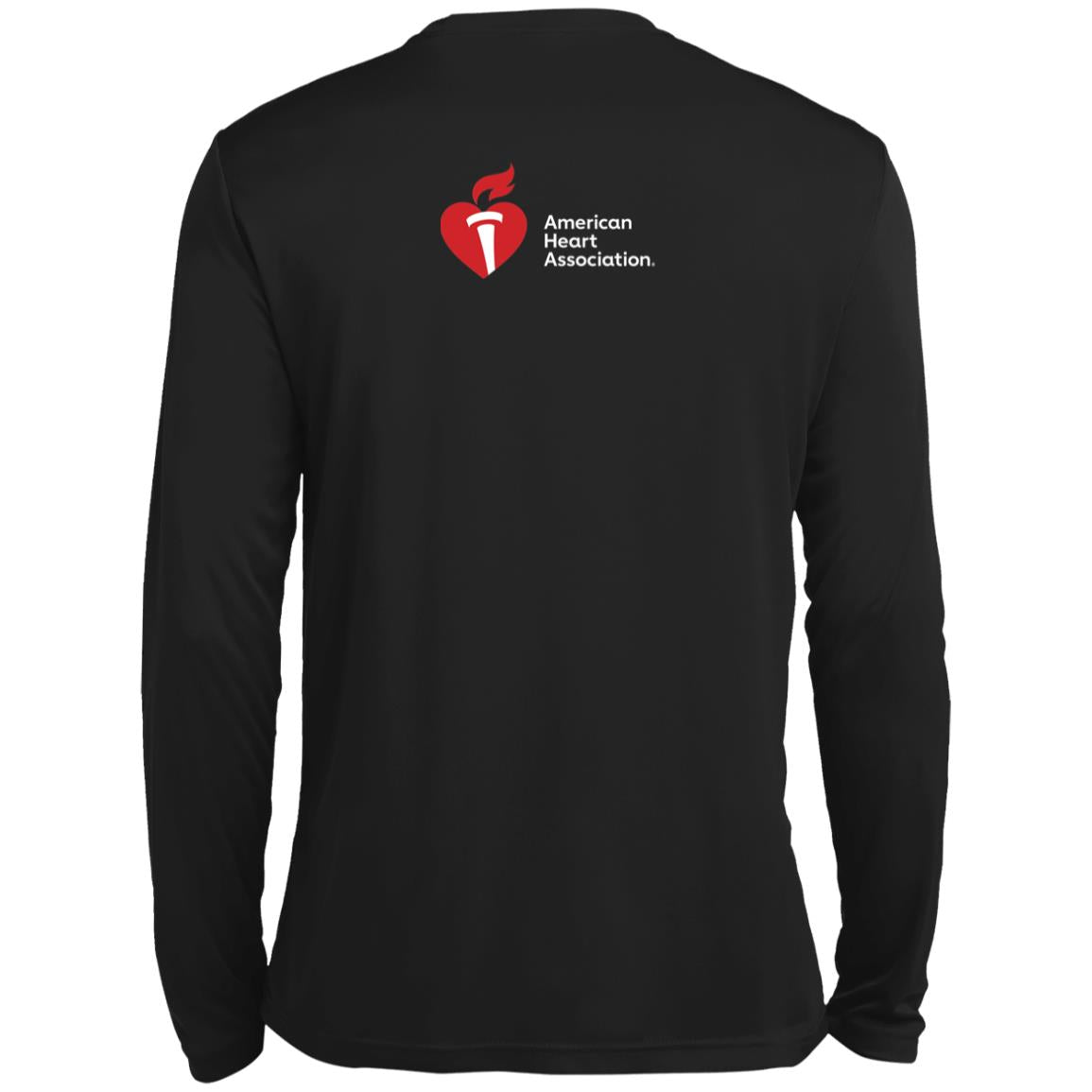 Back of shirt featuring red AHA Heart-and-Torch Logo on upper back.