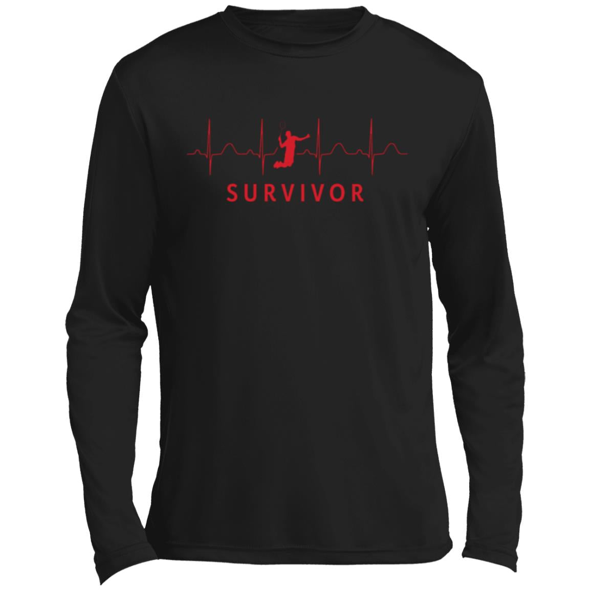 Black long-sleeve tee with "SURVIVOR" text along with a tennis player icon with EKG lines behind