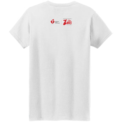 Back of tee includes AHA and Go Red brand symbols placed on the top of back. 