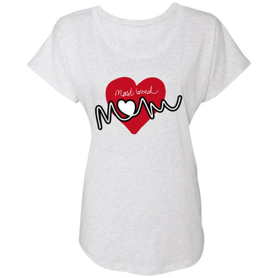 White tee with red heart design center chest with "most loved Mom" hand written text featured in front of it.