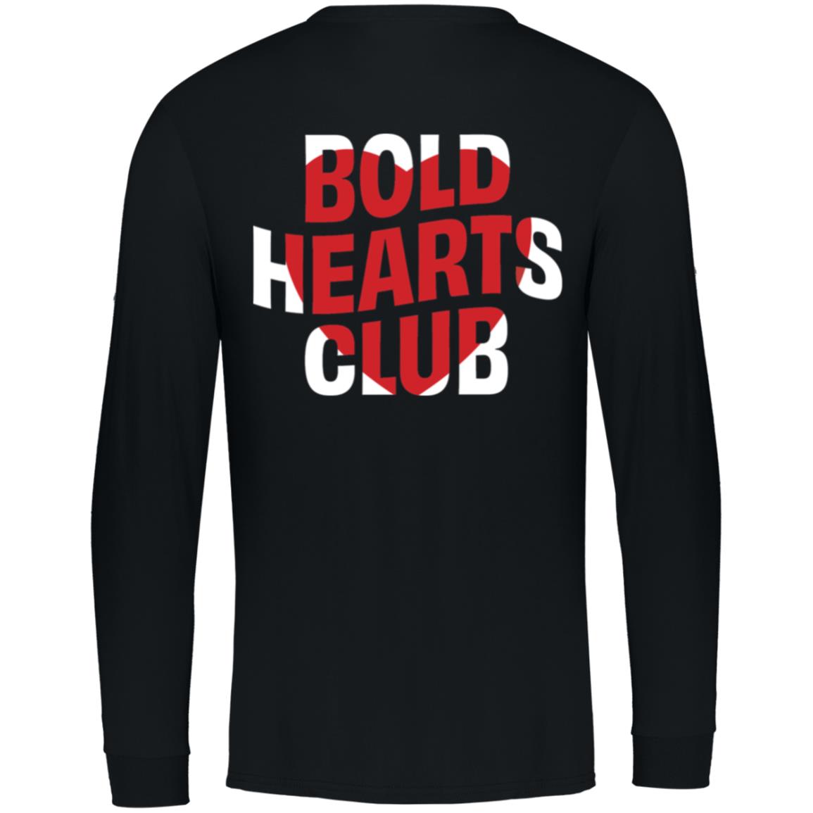 black long sleeve tshirt with a red heart and words "Bold Hearts Club" printed over it.