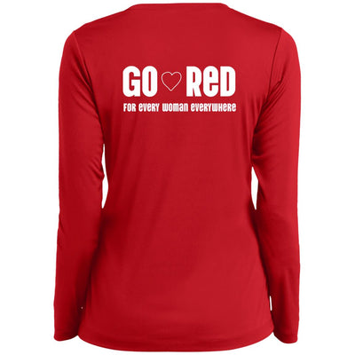 "Go Red" text with a small white heart in the middle of the text. Text below "For every woman everywhere" on back of shirt
