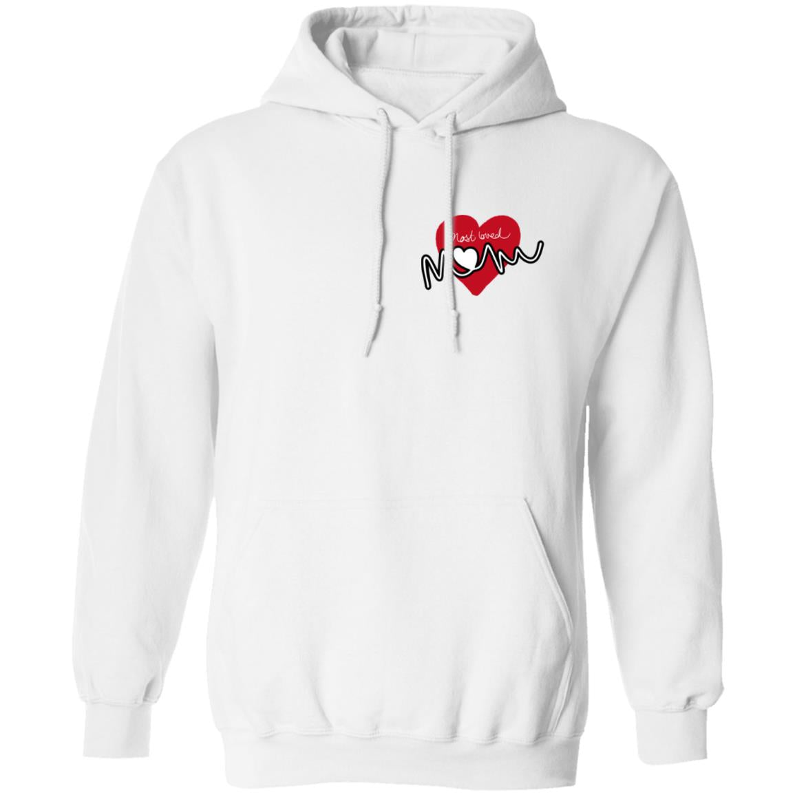 White hoodie with red heart design left chest with "most loved Mom" hand written text featured in front of it.
