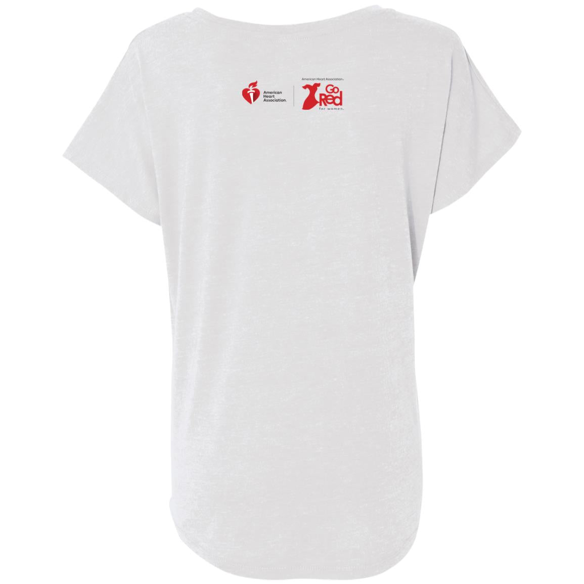 Back of tee includes AHA and Go Red brand symbols placed on the top of back.