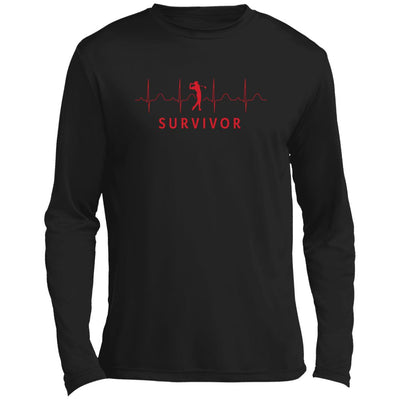 Black long-sleeve tee with "SURVIVOR" text along with a golfer icon with EKG lines behind