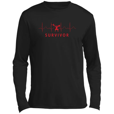 Black long-sleeve tee with "SURVIVOR" text along with a weightlifter icon with EKG lines behind