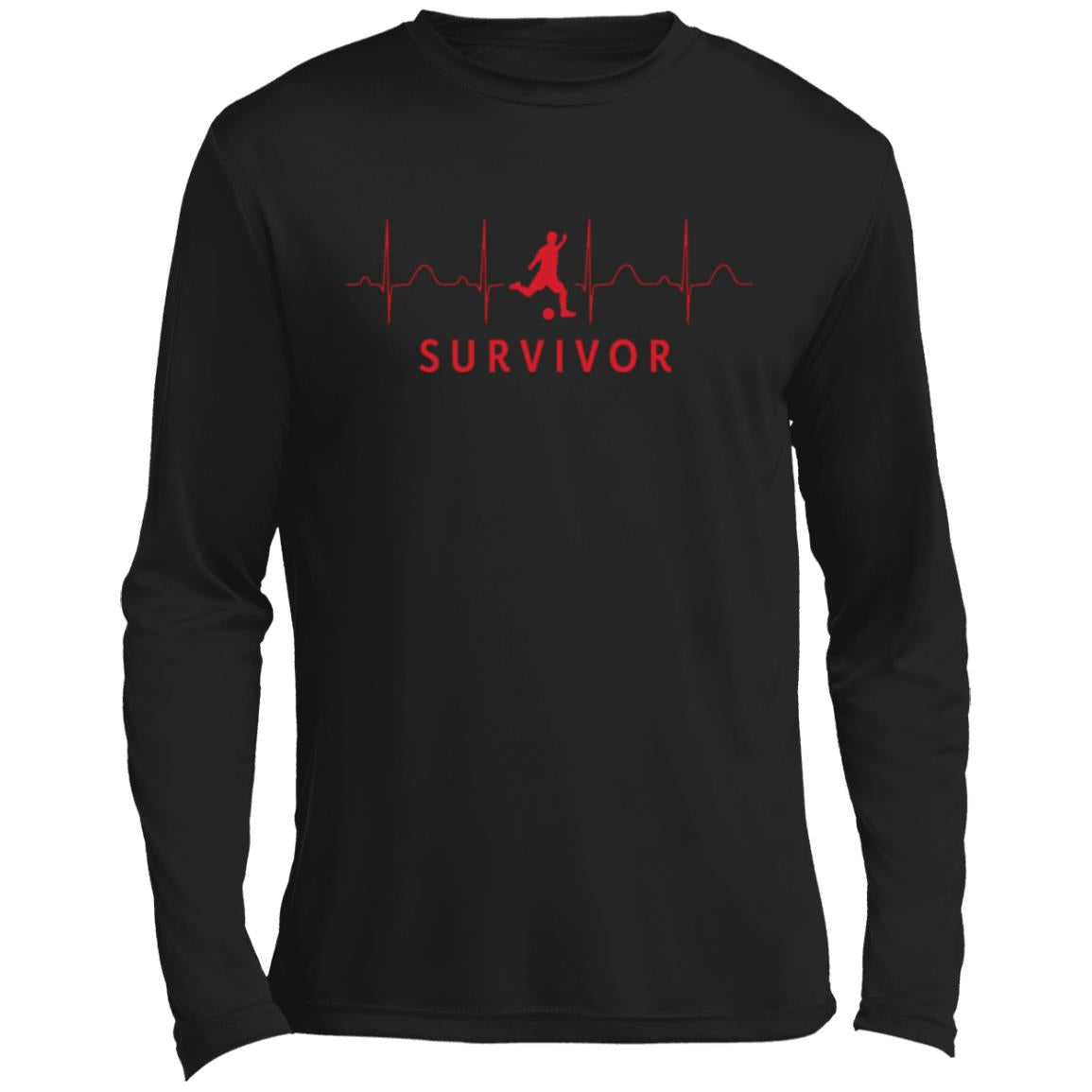 Black long-sleeve tee with "SURVIVOR" text along with a soccer player icon with EKG lines behind