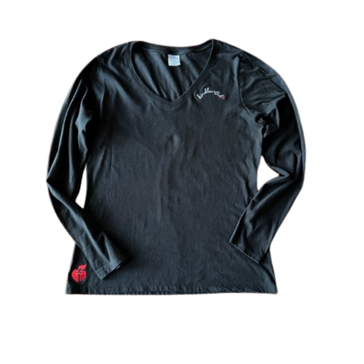 black long sleeve tee vneck with "kindhearted" embroidered at neckline and AHA logo on hem