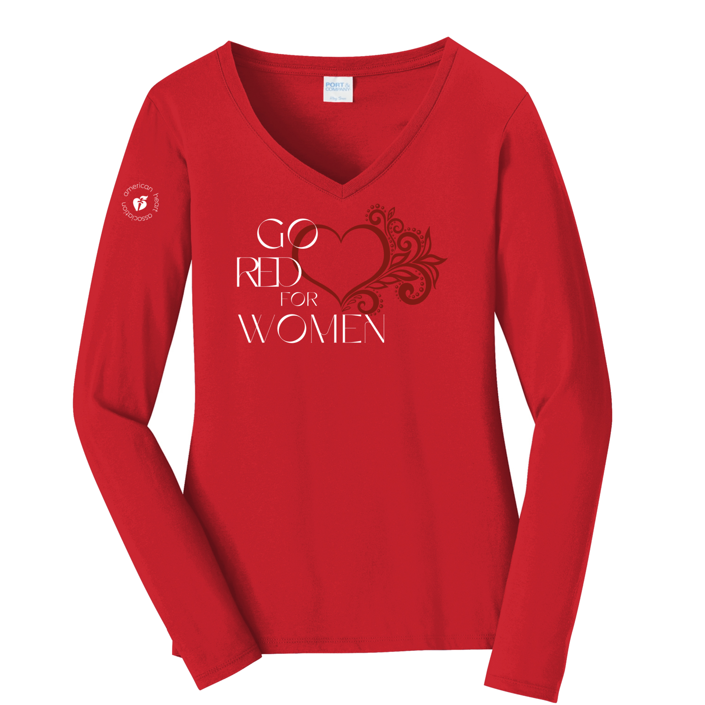 Go Red Scripty Heart Ladies Long Sleeve V-Neck Tee – ShopHeart.org