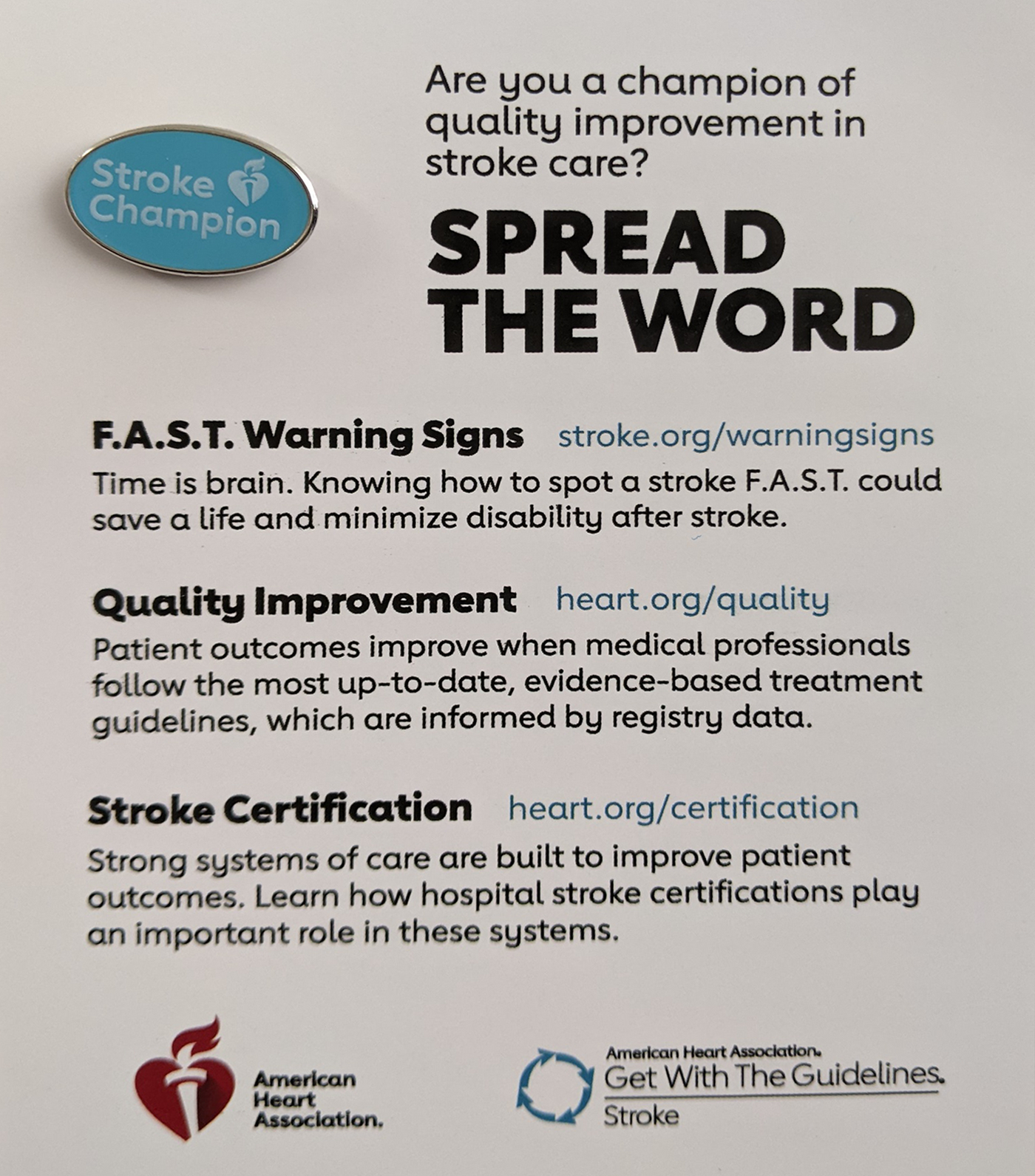 Stroke Champion Pin on backer card with messages to "Spread the Word" about F.A.S.T. warning signs, quality improvement and stroke certification
