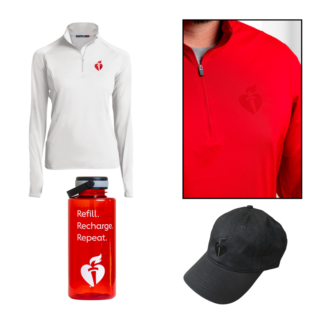 red 1/4 zip pullover, red wristbands with EKG and logo, red tank with heart that says "love", white enamel mug "Gratitude is Good Medicine"