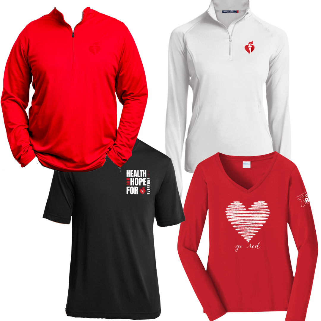 AHA red unisex and white ladies quarter zips, black Health & Hope short sleeve tee, red long sleeve tee with sketched heart and "go red"