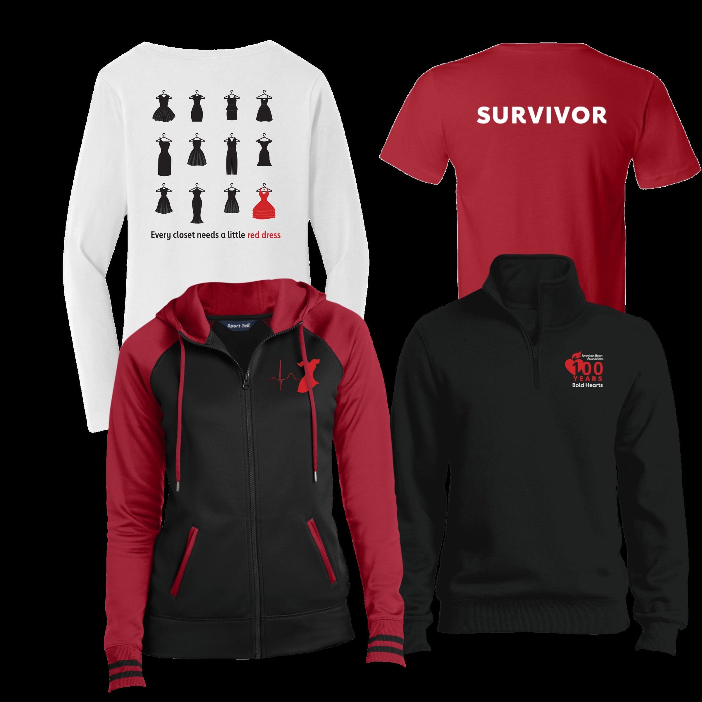 white long-sleeve Go Red tee, red short-sleeve SURVIVOR tee, black 1/4 zip AHA 100 Years Bold Hearts pullover, black and red Go Red full zip hoodie