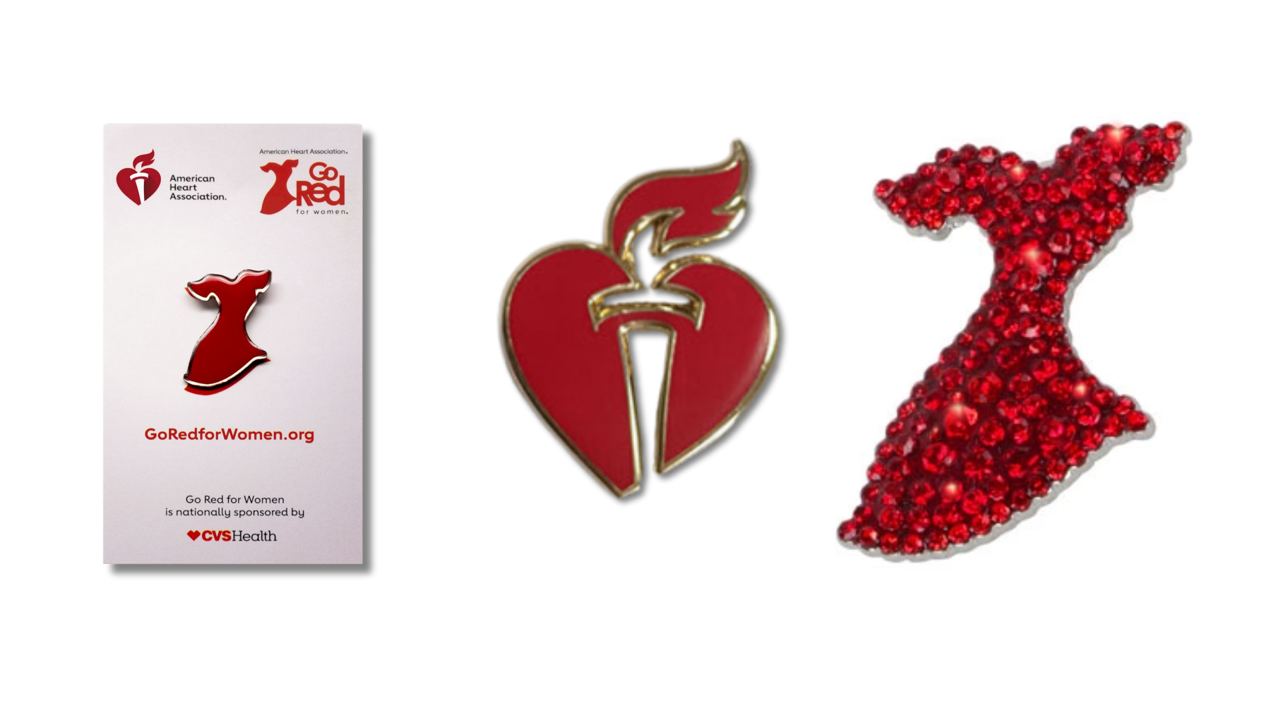 red dress pin on backer card, red heart and torch icon lapel pin with gold outlines and crystal red dress brooch.