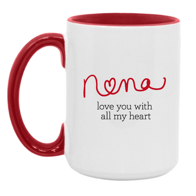 White mug with inside red finish and red handle. Side 1 "nana" in handwriting like font with "love you with all my heart" text below. Side 2 Red dress symbol inside a heart shape.