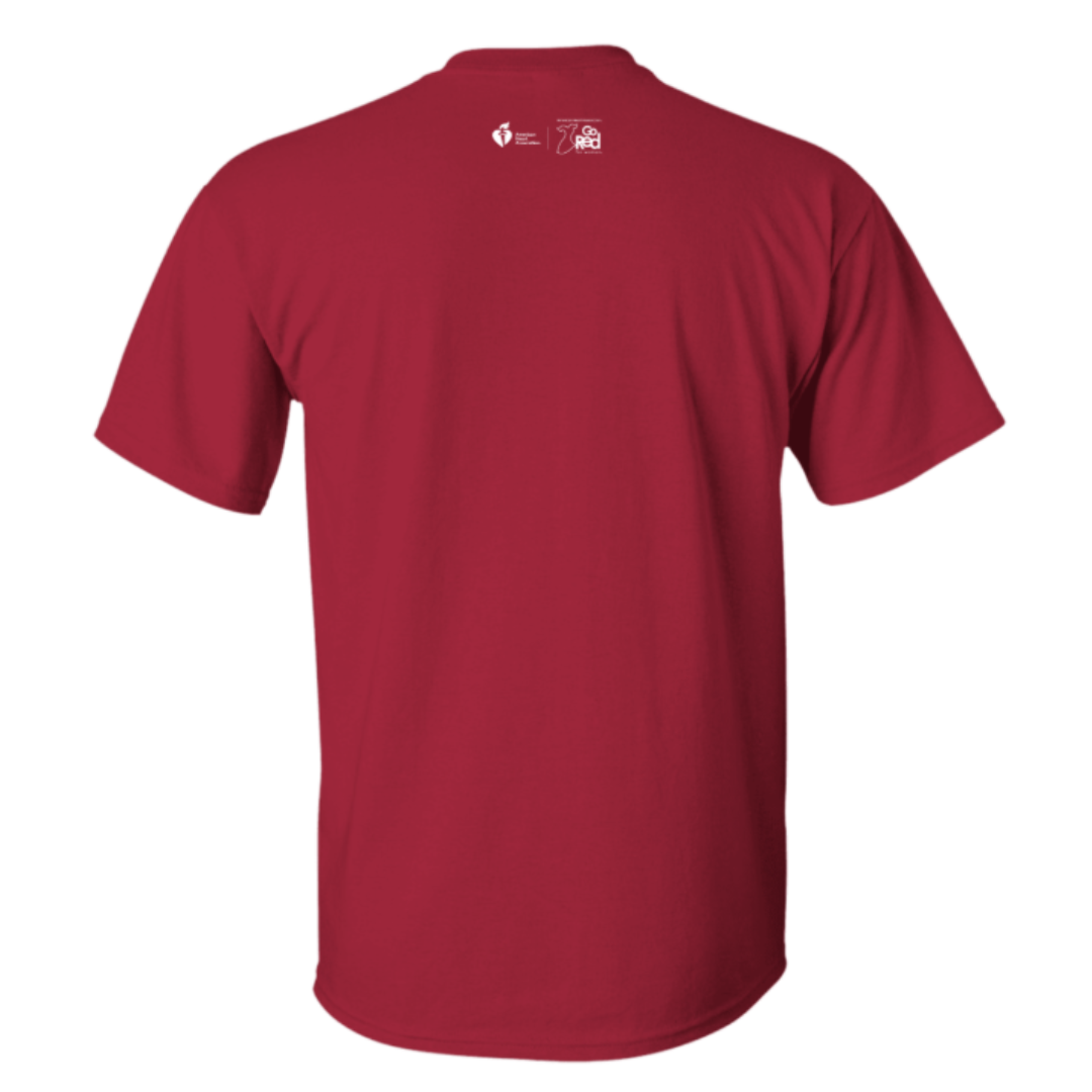 Back of red tee featuring white AHA and Go Red for Women side by side logos.