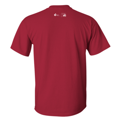 Back of red tee featuring white AHA and Go Red for Women side by side logos.