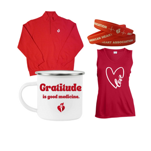 red 1/4 zip pullover, red wristbands with EKG and logo, red tank with heart that says "love", white enamel mug "Gratitude is Good Medicine"