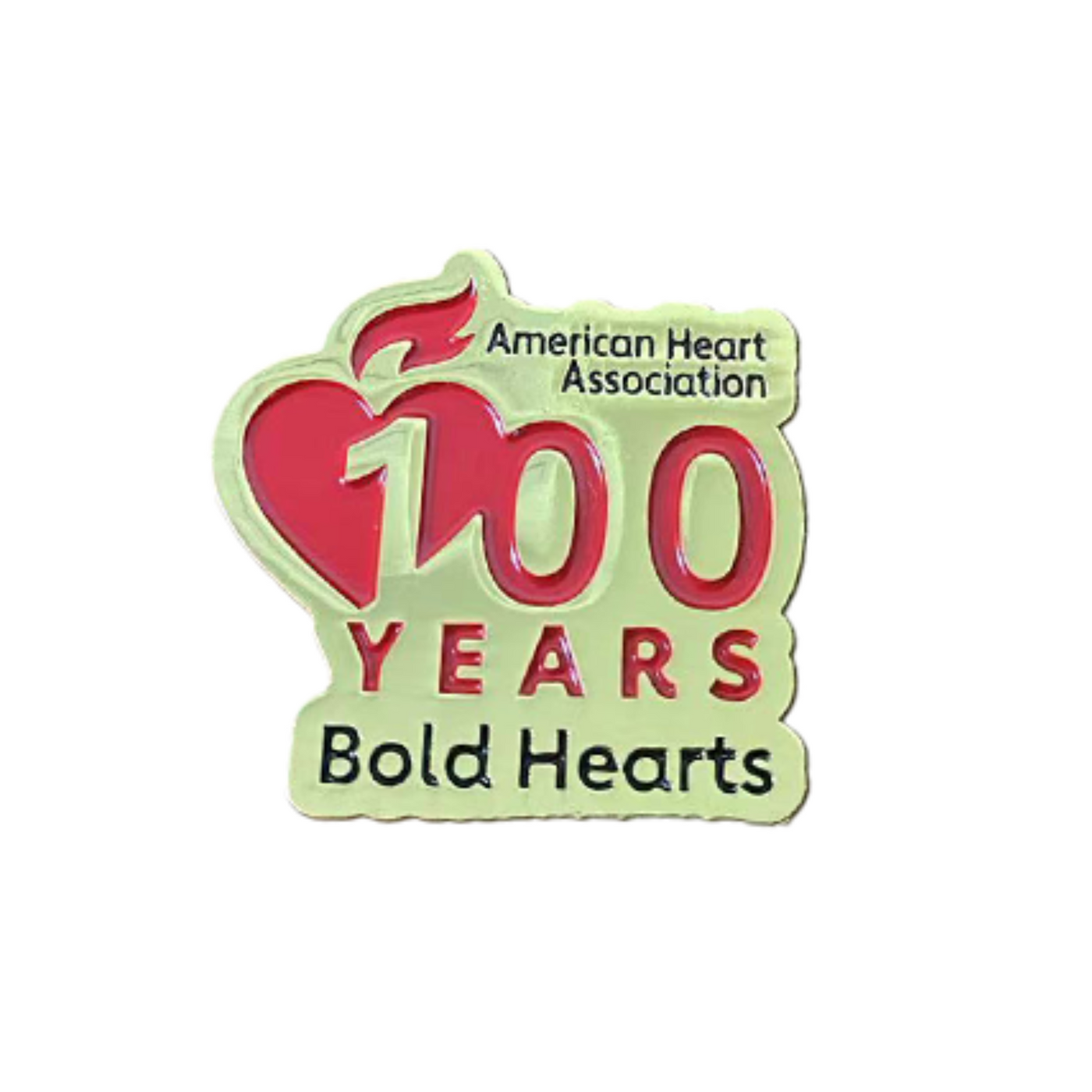 lapel pin of AHA Bold Hearts 100 Years logo, gold with red and black recessed design