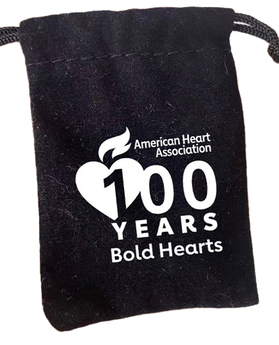 AHA Bold Hearts 100 Years logo in white on black velvet-like cinch bag