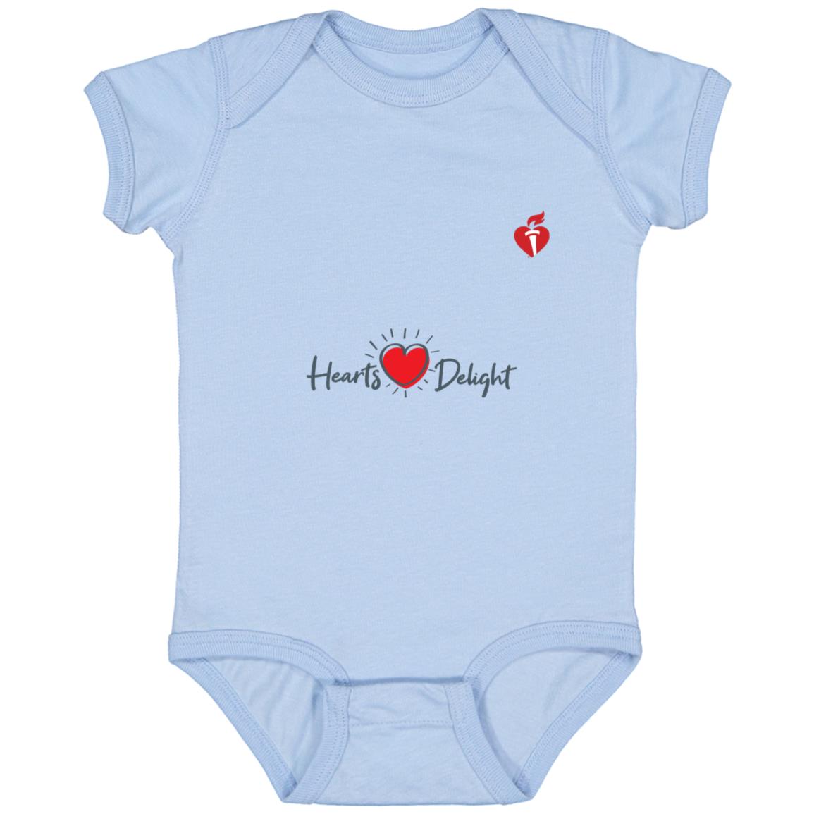 baby bodysuit that says "Hearts Delight" and has AHA heart and torch on chest