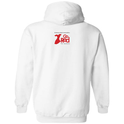 Back of white hoodie with  Go Red for Women logo
