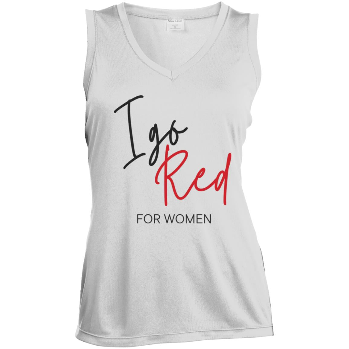 white sleeveless ladies tee that says "I Go Red for Women"