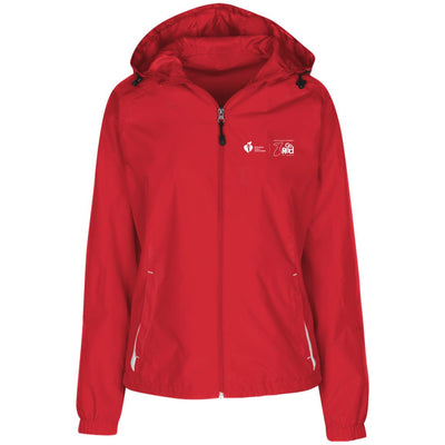 red raglan jacket with hood with drawstring cord and AHA/Go Red for Women logo on left chest. 