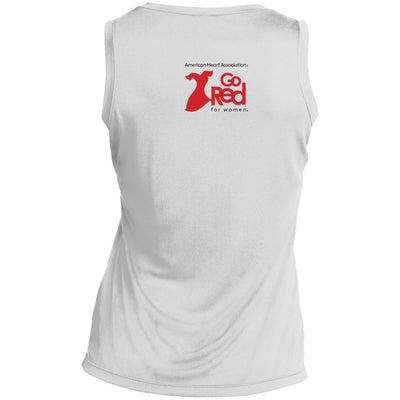back of the white ladies sleeveless tee, features Go Red for Women logo
