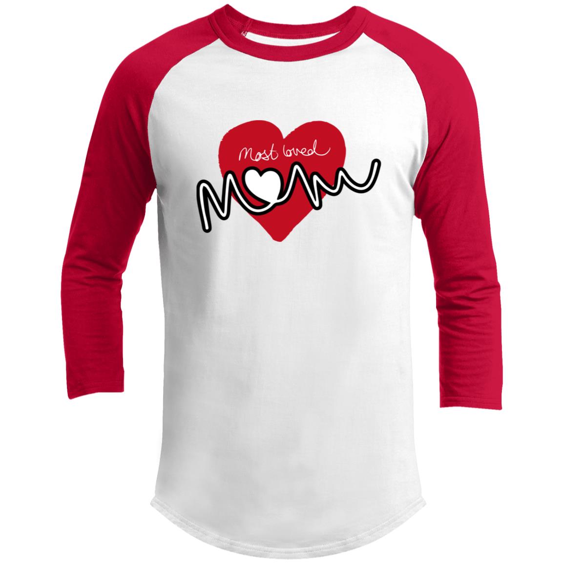 White Raglan sleeved shirt with red sleeves and collar.  Red heart design center chest with "most loved Mom" hand written text featured in front of it. 