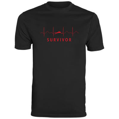 Black tee with "SURVIVOR" text along with a swimmer icon with EKG lines behind.