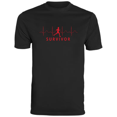 Black tee with "SURVIVOR" text along with a runner icon with EKG lines behind.