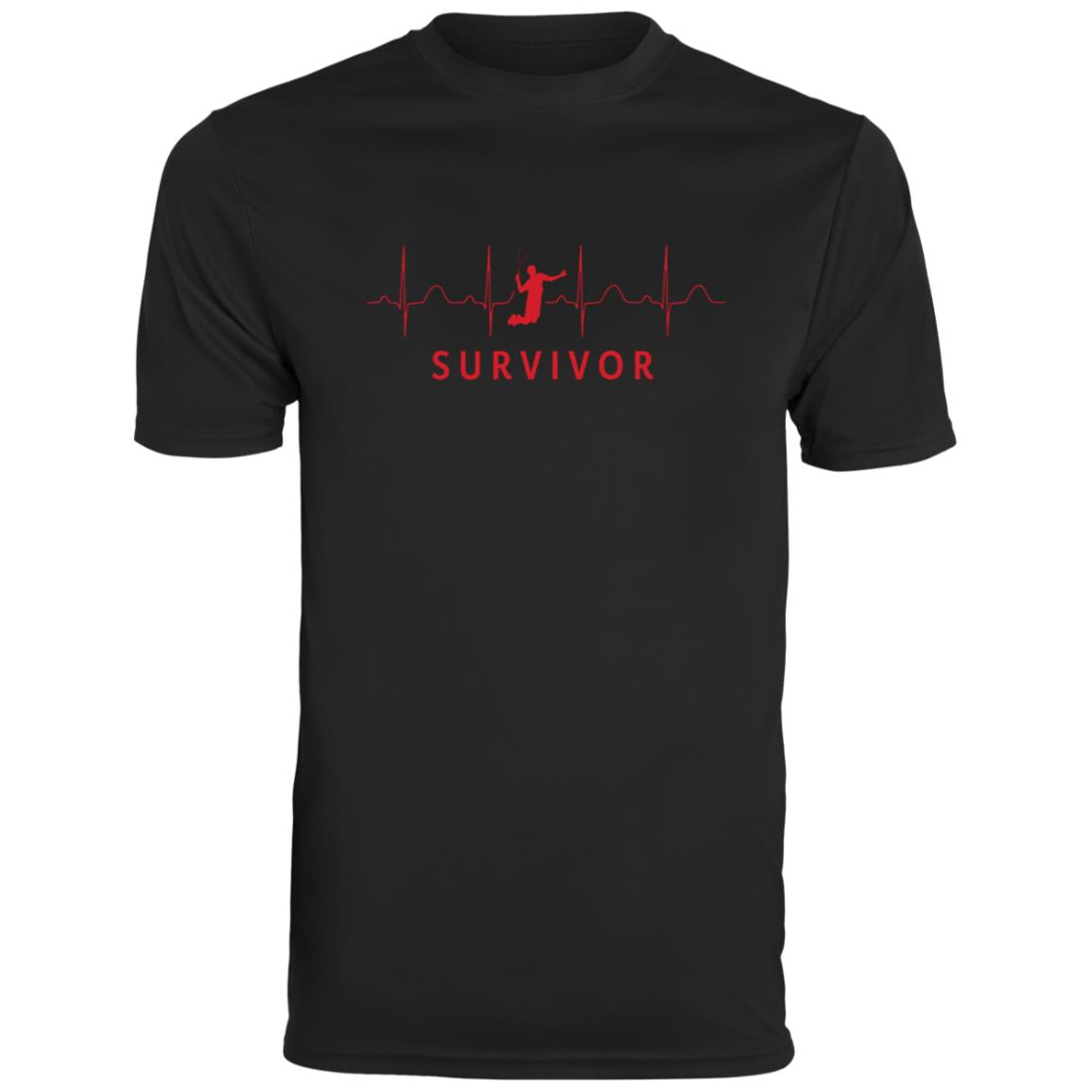 Black tee with "SURVIVOR" text along with a tennis player icon with EKG lines behind.