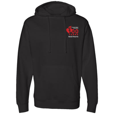 front of black hoodie, features AHA 100 years Bold Hearts logo on left chest