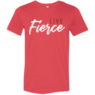 Front of red tee:  Live Fierce logo featured on center chest.
