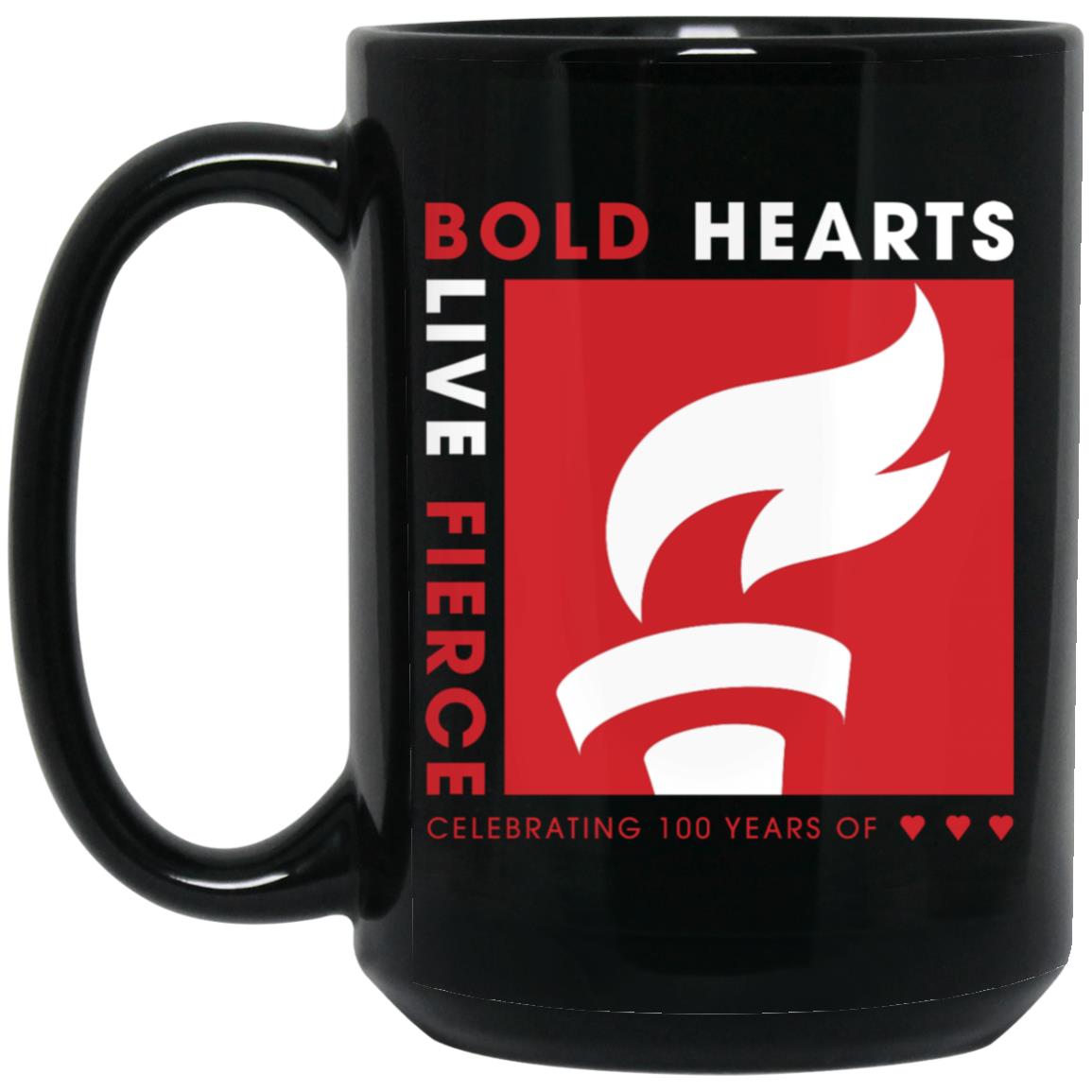 black ceramic coffee mug with AHA BOLD HEARTS. LIVE FIERCE. centennial design and "celebrating 100 years of heart (heart emojis)"