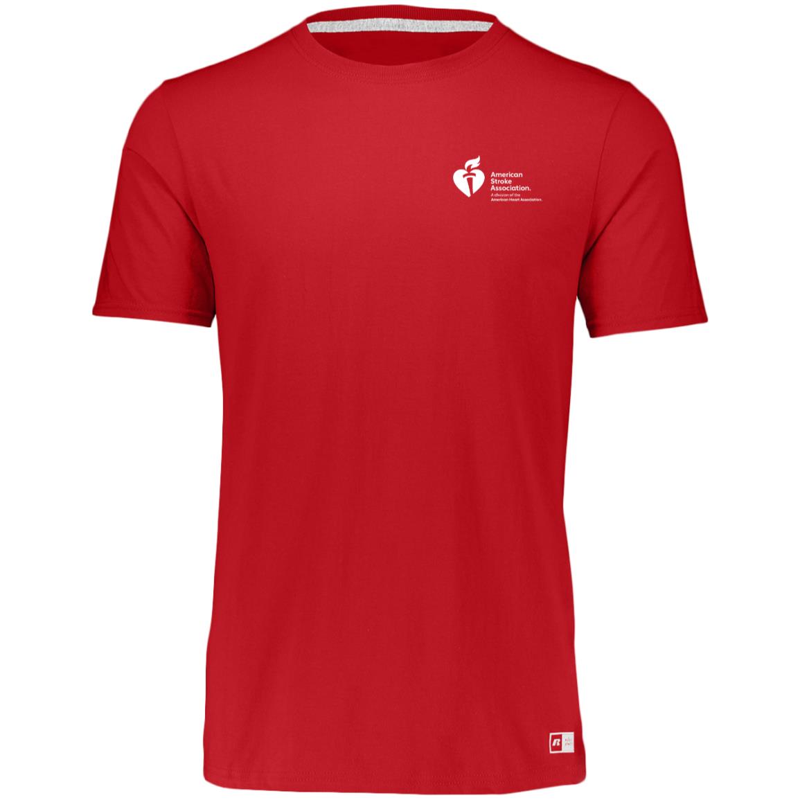 red short sleeve tee with American Stroke Association logo on front chest. Russell Athletic logo seal on bottom hem. crew neck. Unisex.