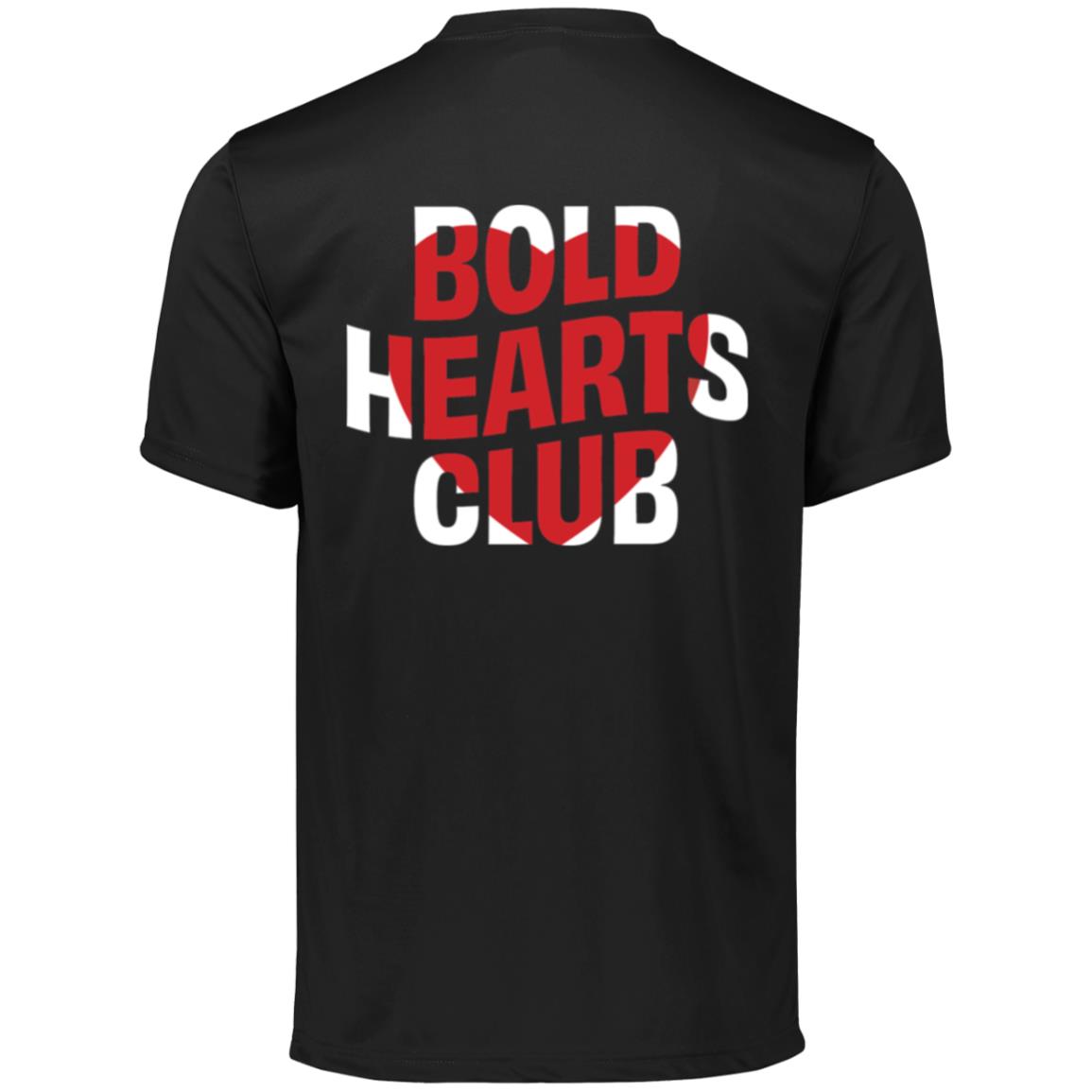black short sleeve tshirt with a red heart and words "Bold Hearts Club" printed over it.
