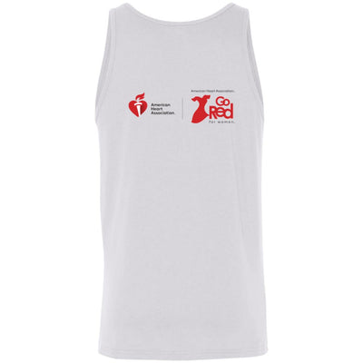 Back of tank includes AHA and Go Red brand symbols placed on the top of back.