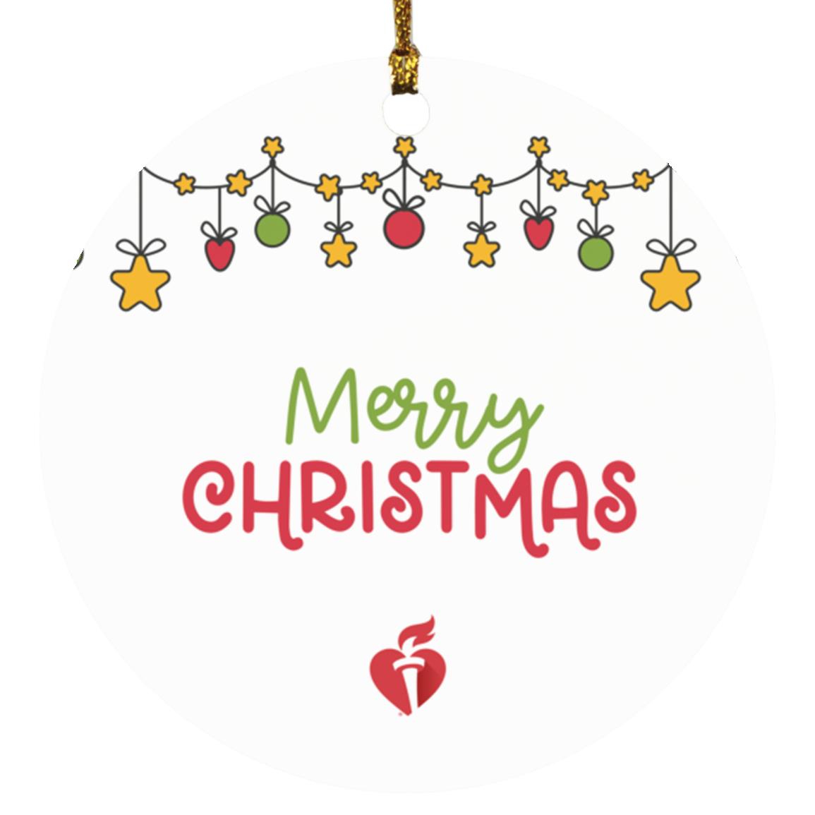 White circle ornament with dangling ornaments on top along with "Merry Christmas" and a AHA Heart and Torch logo featured below. 