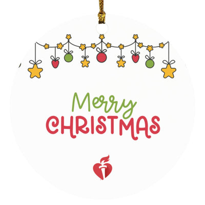 White circle ornament with dangling ornaments on top along with "Merry Christmas" and a AHA Heart and Torch logo featured below. 