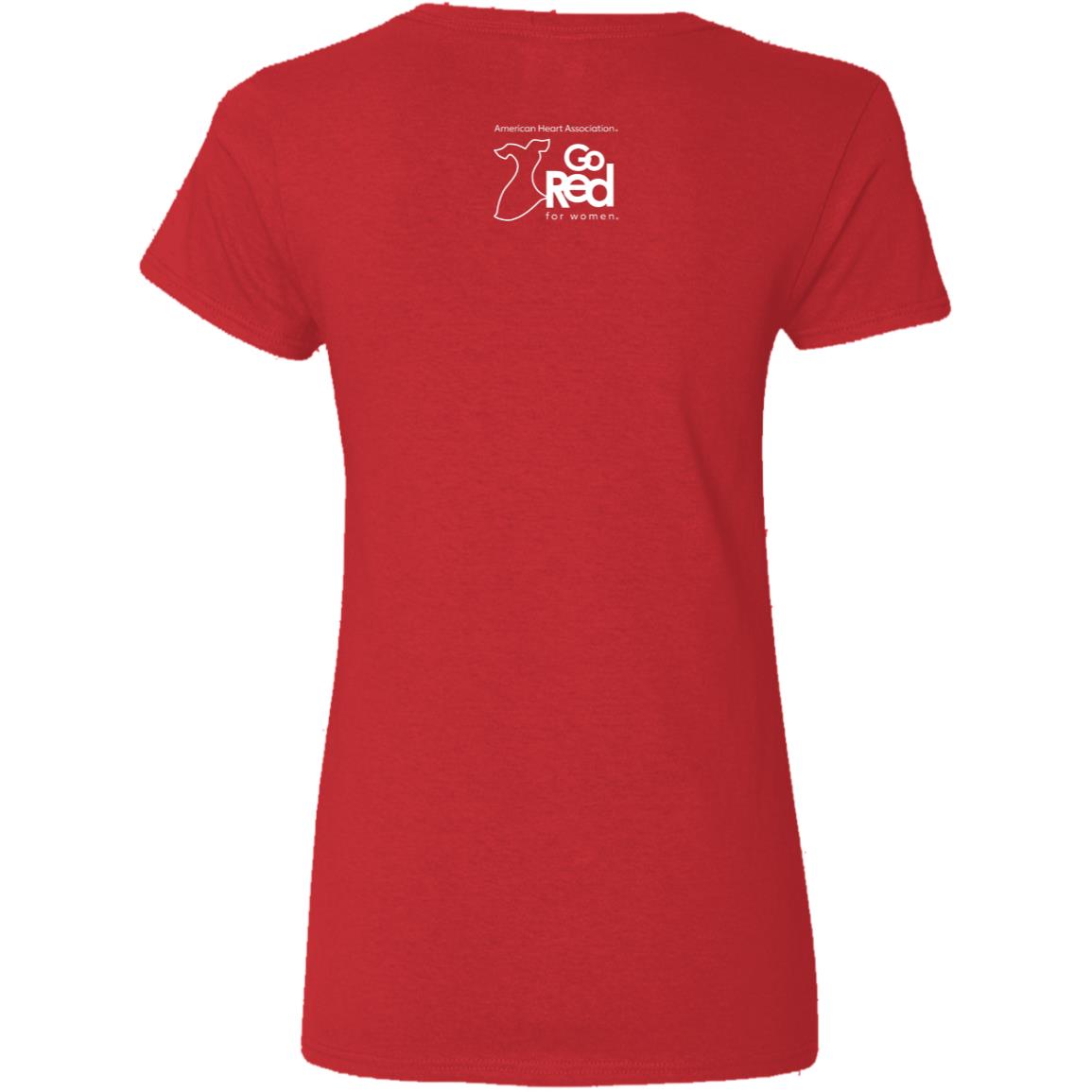 short sleeve red vneck ladies tee with the Go Red for Women logo on the back.