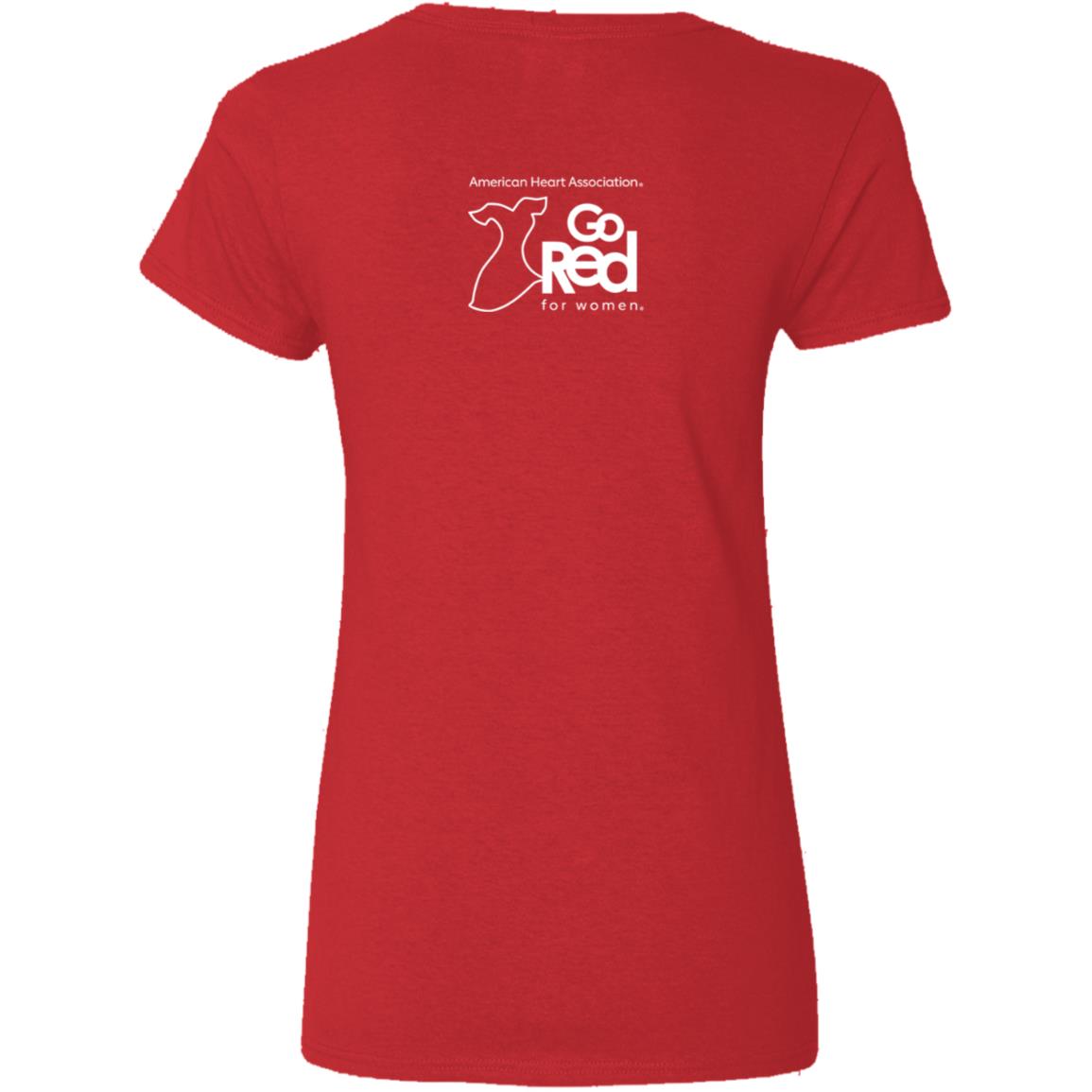 Showing back of shirt with the enitre American Heart Association Go Red for women  logo across the upper back