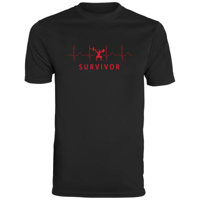 Black tee with "SURVIVOR" text along with a weightlifter icon with EKG lines behind.
