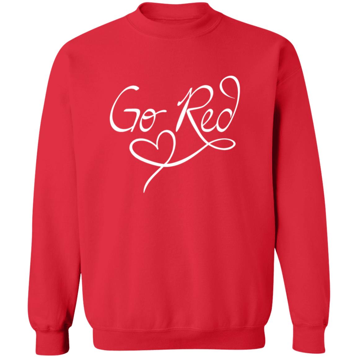 red crewneck sweatshirt with words "Go Red" in script and a heart underneath