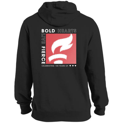 black hoodie, back side design says "Bold Hearts. Live Fierce." and a textured look of the AHA torch on a red square.