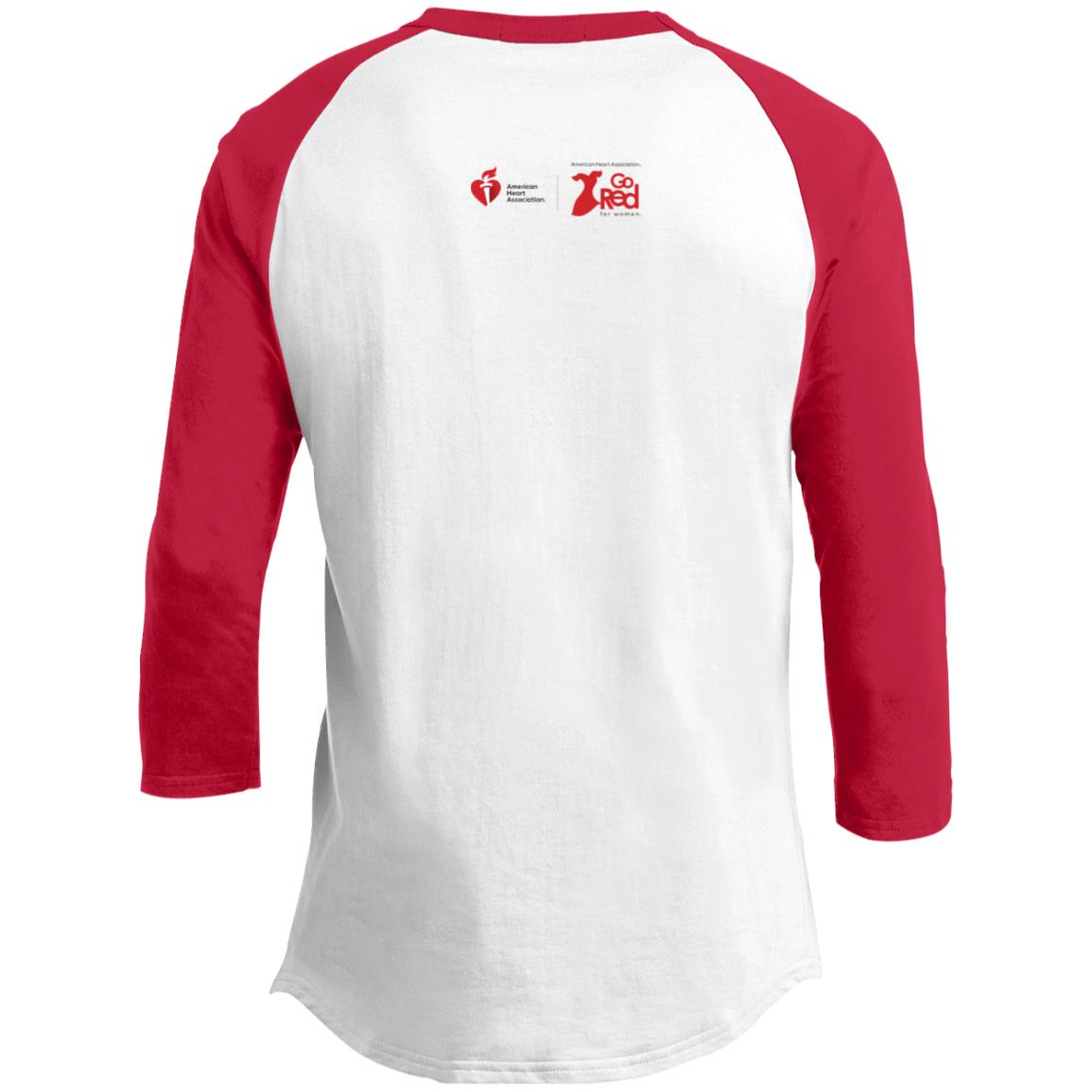 Back of shirt includes AHA and Go Red brand symbols placed on the top of back.
