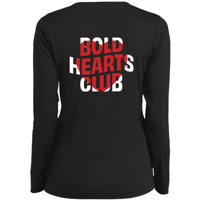 long-sleeve black ladies tee with red heart over "Bold Hearts Club"