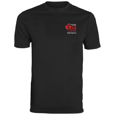 black short sleeve tshirt with AHA 100 years Bold Hearts logo on left chest